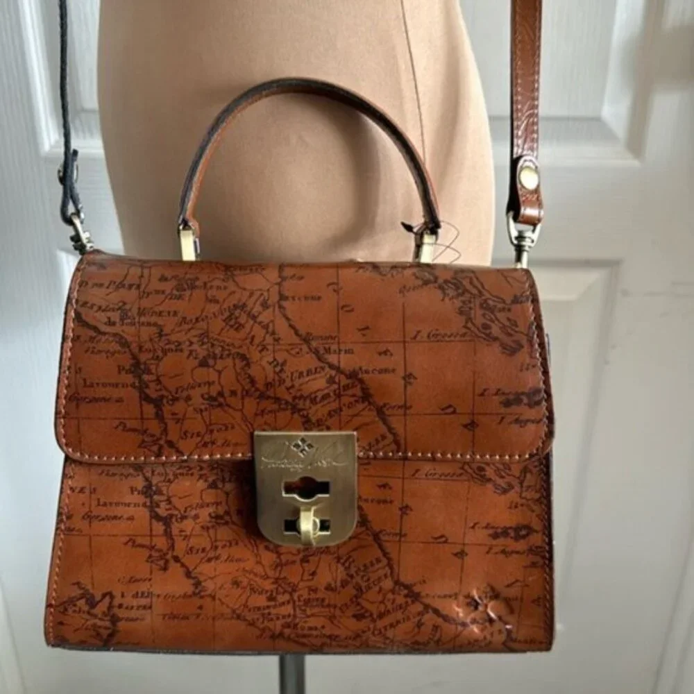 Patricia Nash Chauny Riot Rust Map Print Leather Crossbody Handbag Top Handle e